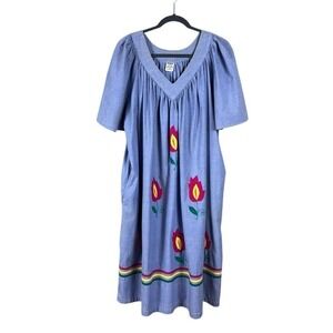 Vintage Naqui Maxi Day Dress Size 2X Kaftan Embroidered Floral Cottage Prairie